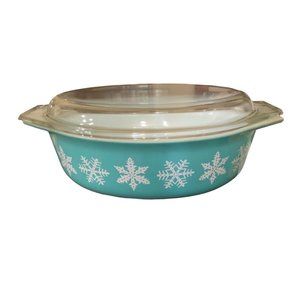 Vintage 2.5 QT Pyrex Turquoise Snowflake Large Oval Casserole w/ Lid 045 EUC